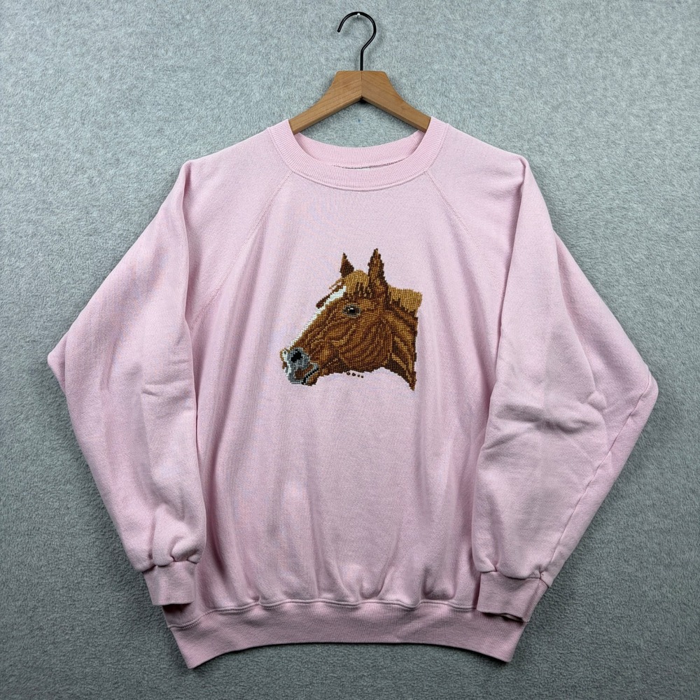 Vintage 80s Hanes Sweatshirt XL Pink Horse Cross Stitch Raglan USA Equestrian